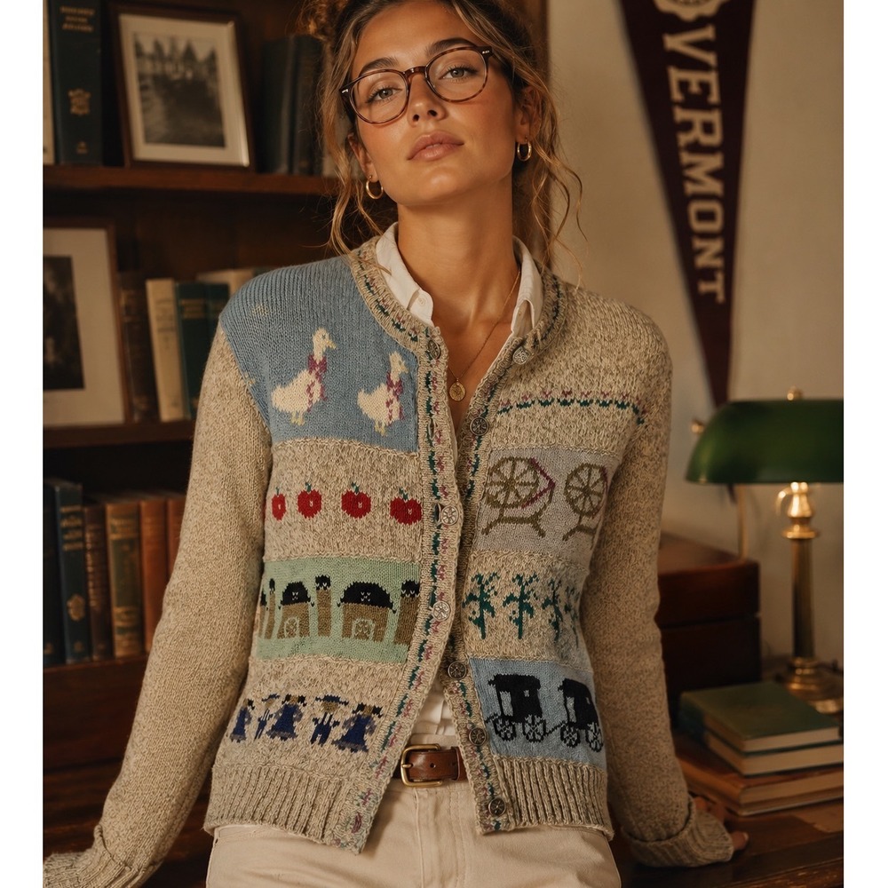 Woolrich Cardigan Sweater Women M Tan Intarsia Folk Art Geese Apple Carriage - Picture 1 of 12